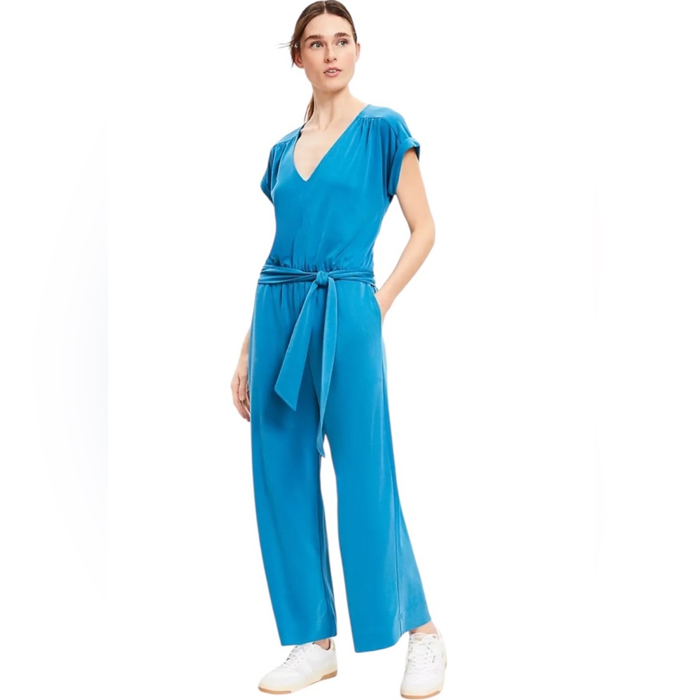 Lou & Grey Sandwashed Wide Leg Jumpsuit V Neck Tie Waist Teal Size M
